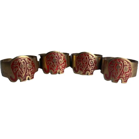Vintage Brass Elephant Animal Napkin Rings Set Of 4 Marked India Gold Tone & Red - Picture 1 of 13